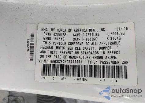 2016 Honda Accord Lx z USA, uszkodzony, nr VIN 1HGCR2F34GA117991